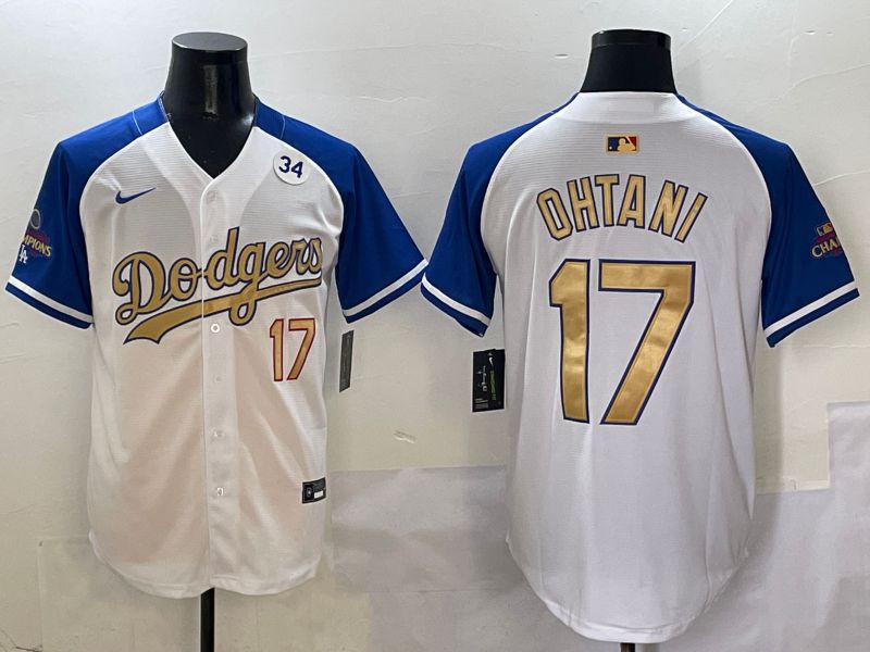 Men Los Angeles Dodgers #17 Ohtani White Blue Gold Game 2025 Nike MLB Jersey style 4